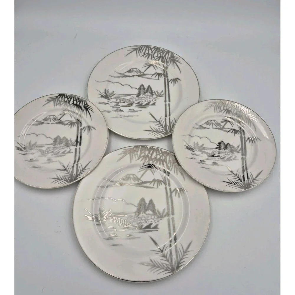 Antique Kutani Japanese China 2 Bread Plates, Mt Fuji Bamboo design 2 Saucers